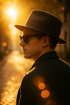 Man wearing a dark fedora and sunglasses on city street