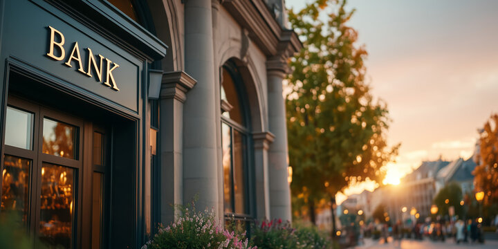 Bank entrance with golden lettering and stone columns at sunset