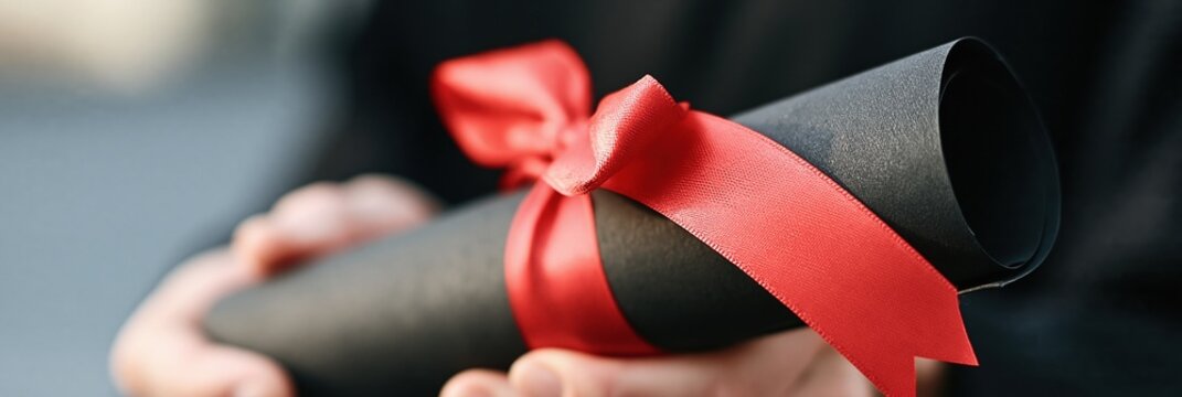 Person holding black diploma scroll with red ribbon, representing academic achievement and graduation success