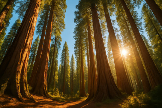 Towering forest trunks rise toward green canopy in sunlight
