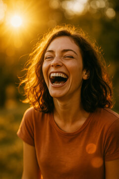 Curly haired woman laughing freely in golden garden sunlight