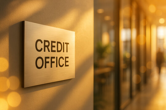 Credit office plaque mounted beside glass doors in sunlit hallway