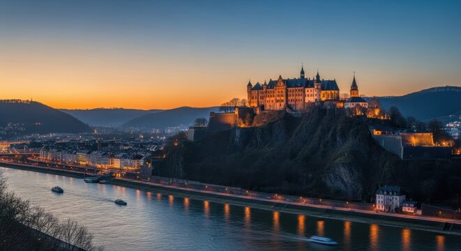Historic Castle Overlooking River at Dusk with City Lights.