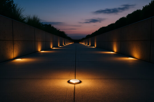Symmetrical walkway lined with warm ground lights under twilight sky