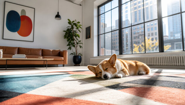 Cozy corgi sleeping on colorful rug in modern living room
