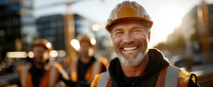 Laughing construction worker stands before colleagues in safety gear