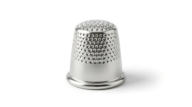 Gleaming silver sewing thimble, an essential protective tool for intricate needlework, isolated crisply on a pristine white background, perfect for craft projects and textile design