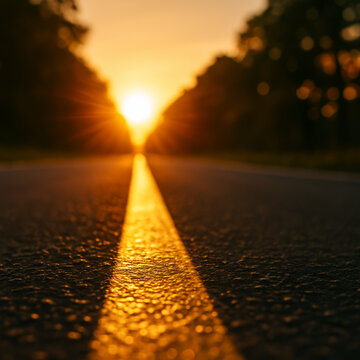 Yellow road centerline leading toward a brilliant low sun