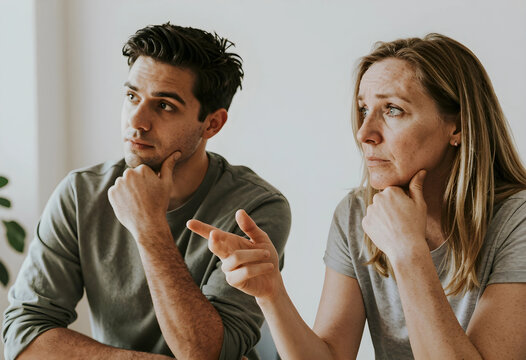 Conflict resolution and relationship counseling, man and woman having a serious discussion with body language of disagreement and communication problems