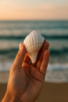 Hand holds a white ribbed seashell against the sunset sea