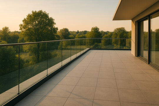 Spacious tiled terrace with glass railing overlooking green trees
