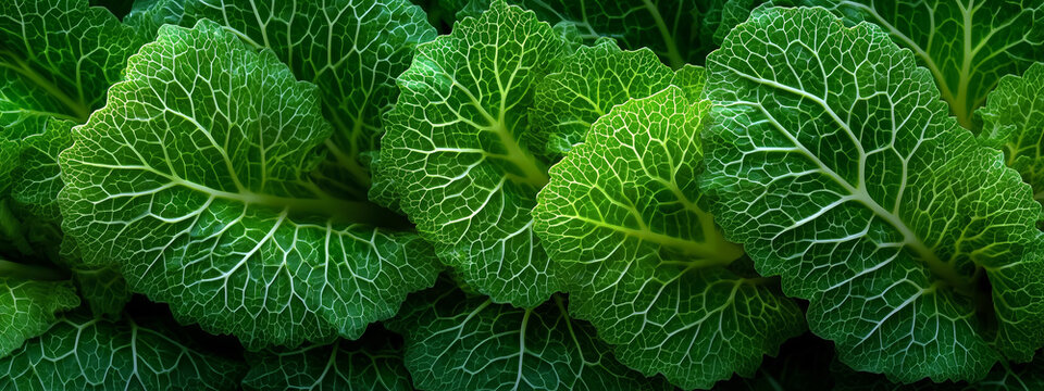 Crinkled green cabbage leaves with intricate pale branching veins