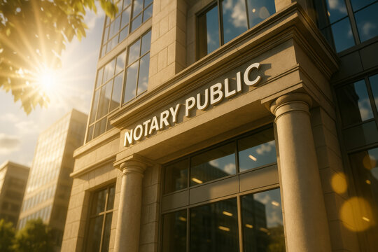 Notary public office entrance framed by columns in sunlight