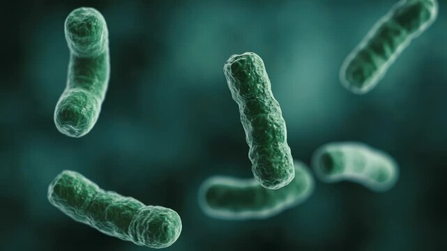 Green rod-shaped bacteria or bacilli slowly floating in liquid environment under microscope.