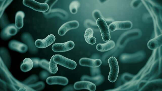 Colony of green rod-shaped bacteria or microbes floating inside organism, symbolizing movement through organic channels.