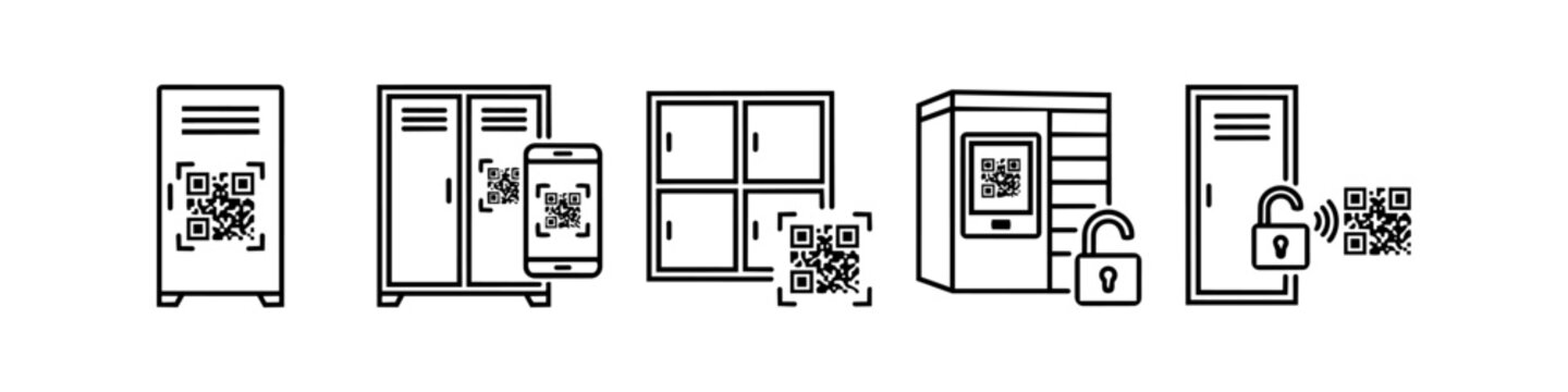 Smart locker and parcel terminal outline icon set. Features QR code scanning, keyless mobile phone unlock, delivery storage box, and electronic security access.