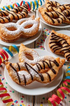 Italian carnival mask shaped pastries on white plates. Fried dough treats decorated with powdered sugar, dark chocolate stripes. Colorful confetti, paper streamers scatter on wooden table for festive