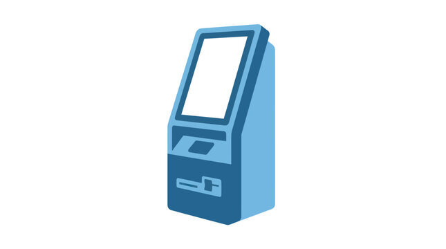 Interactive kiosk terminal with blank touchscreen display is isolated on a white background.