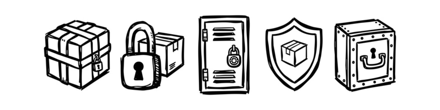 Hand-drawn doodle set of secure storage and parcel delivery protection icons including locked box, padlock, locker, security shield, and safe.