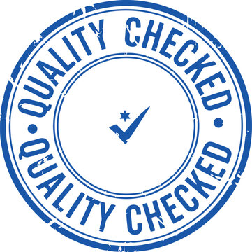 Quality checked blue rubber stamp vector illustration design symbol with distressed texture on transparent background