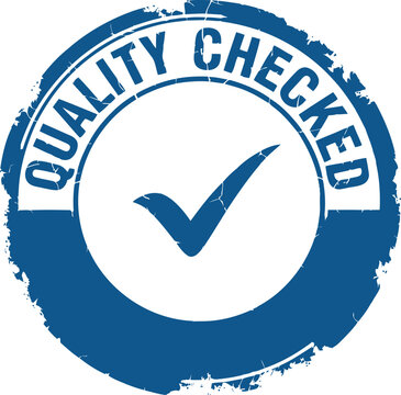 Quality checked grunge round rubber stamp vector graphic illustration with checkmark symbol on transparent background