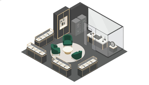 Isometric watch store layout featuring glass display counters, green velvet armchairs, safes, and a repair lab.