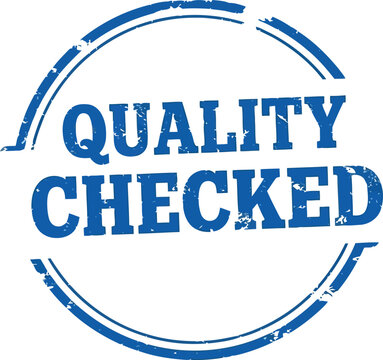 Quality checked blue rubber stamp graphic vector illustration featuring grunge texture details on transparent background