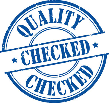 Blue quality checked rubber stamp vector graphic illustration featuring distressed texture on transparent background