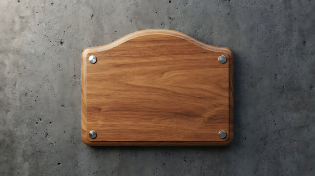 Rustic wooden plaque with rounded top, mounted on a textured concrete wall