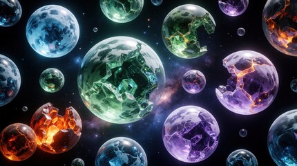 Fototapeta premium Abstract cosmic scene with floating celestial spheres in deep space. Glowing crystal planets crack, break apart with vibrant colors. Colorful nebulas, magic planets, luminous orbs drift through dark