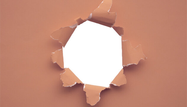 Round hole torn through peach paper, ripped paper hole with white copy space for posters, sale announcements, social media and advertising backgrounds.