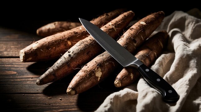 Fresh cassava roots lie on dark wooden table with sharp knife. Raw tapioca tubers ready for cooking in rustic kitchen. Close up view of organic vegetable ingredient with moody shadow, dramatic light