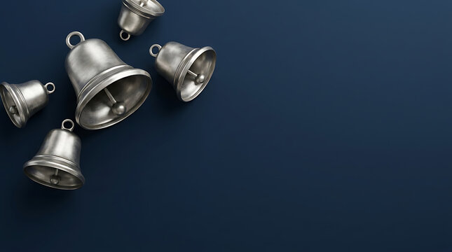 Top view of shiny silver christmas bells arranged on a dark blue background with space for text transparent background
