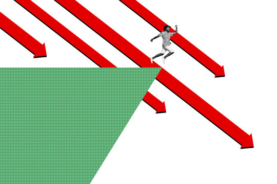 Photo trendy image poster 3d banner collage of inexperienced businessman run arrow regress collapse economy problem loss