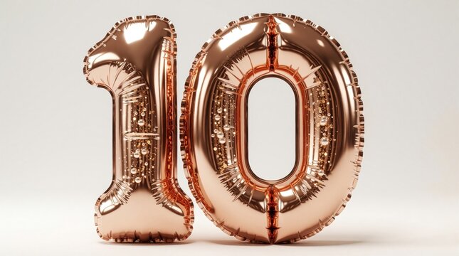 Rose gold number ten balloon for anniversary birthday party. Shiny metallic foil numbers ten celebrate decade milestone 10th anniversary. Elegant rose gold decoration for festive event, special