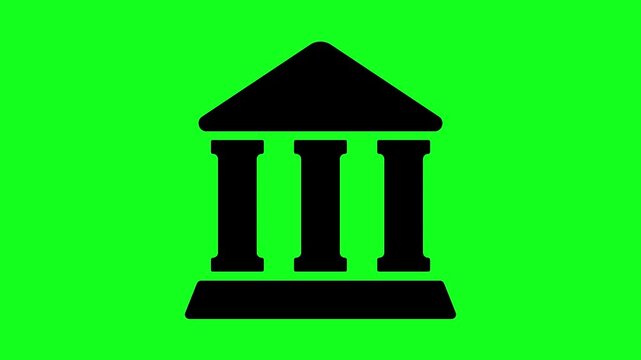 Simple bank building icon on bright green background. Black silhouette features three pillars and a triangular roof. Ideal for financial, banking, or economic content