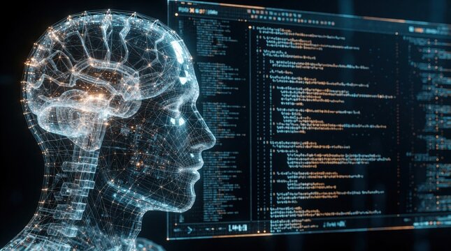 Digital wireframe human head with glowing neural network inside. Superintelligent AI agent performs recursive self improvement via complex code. Cybernetic brain processing data, machine learning