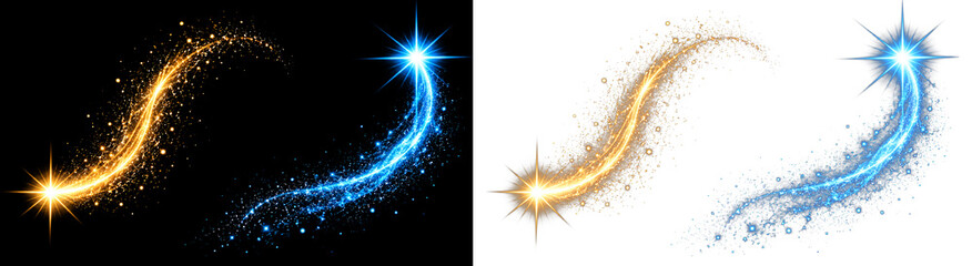 Sparkling magic light trails in gold and blue, cinematic stardust swirls on black and white backgrounds, glowing comet tails for creative overlays © GraphicsWorld