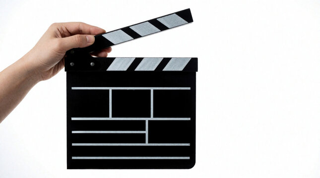 Human hand holds black movie clapperboard on white background. Pro film slate for cinema production, video shooting. Director tool for marking scene takes during motion picture filming television