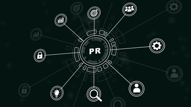 Dynamic public relations pr strategy infographic animation featuring connected business and digital network nodes for corporate communication, marketing campaigns, and brand management concepts