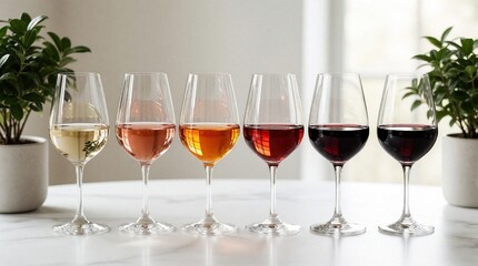 Naklejka premium Six wine glasses filled with white rose orange, red wines stand in row on marble table. Diverse alcoholic beverage selection includes various colors for tasting. Potted green plants decorate bright