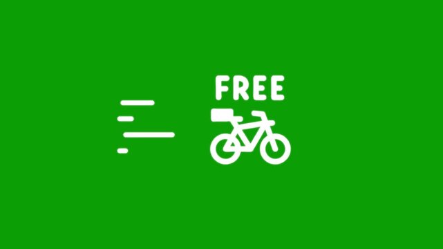 Free delivery service animation with moving bicycle icon on green background.