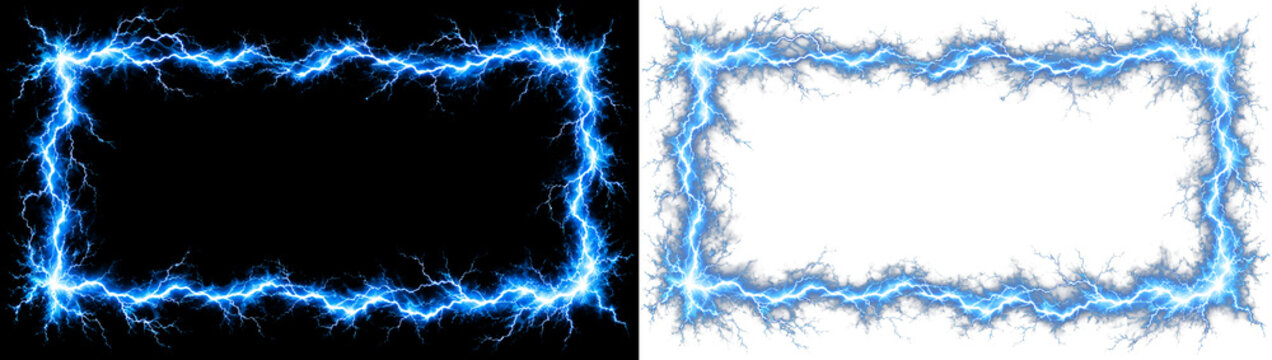 Electric blue lightning frame set, glowing thunderbolt rectangular borders on black and white backgrounds, high voltage energy discharge border