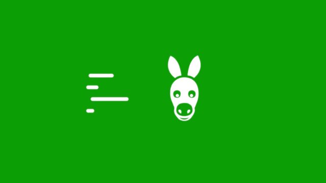 Donkey head icon moving fast with motion lines on green background clip.