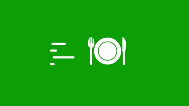 Minimalist white fast delivery food icon with speed lines animation on green screen keying chroma key background.