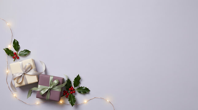 Two gift boxes wrapped with ribbons and holly branches on a light purple festive background with glowing string lights transparent background