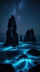 Fototapeta premium Bioluminescent ocean waves glow blue around dark sea stacks under starry night sky. Milky Way shines above rocky coastal landscape. Magical glowing water hits stones in dark sea with celestial stars