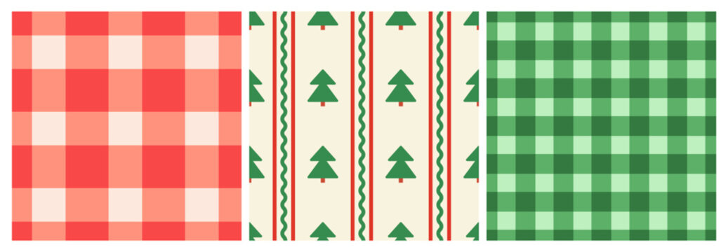 Set of holiday seamless patterns with vichy gingham checks and christmas trees. Vector flat backgrounds for textile, stationery or wrapping paper