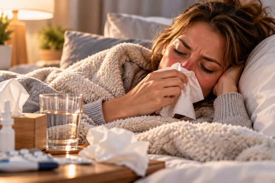 Femme enrhum&eacute;e allong&eacute;e dans son lit avec mouchoir et verre d'eau pendant sa convalescence
