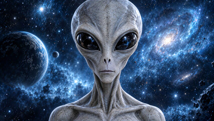 Fototapeta premium Portrait of a grey alien in deep space with planets and galaxies
